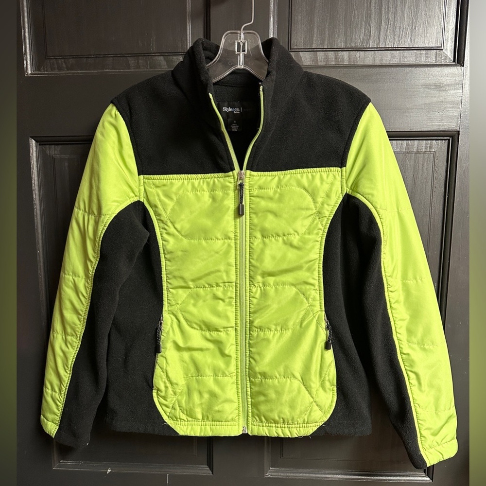 Style & Co Petite Sport Partial Fleece Jacket Bright Green & Black Women’s Sz S